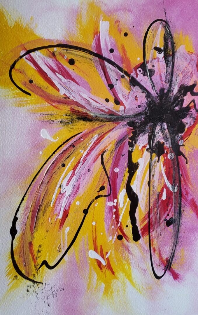 A painting of a flower with pink and yellow paint.