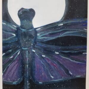 A painting of a purple dragonfly with the moon in the background.