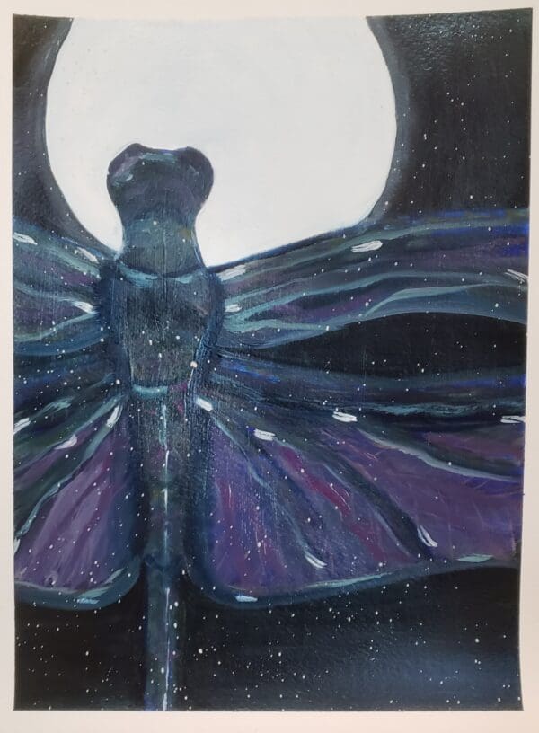 A painting of a purple dragonfly with the moon in the background.