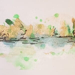 A painting of trees and water in the background