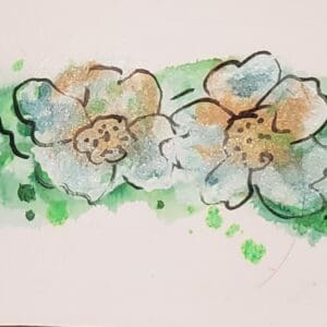 A painting of two flowers with green leaves.