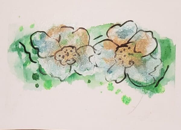 A painting of two flowers with green leaves.