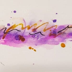A purple and orange abstract painting with some writing
