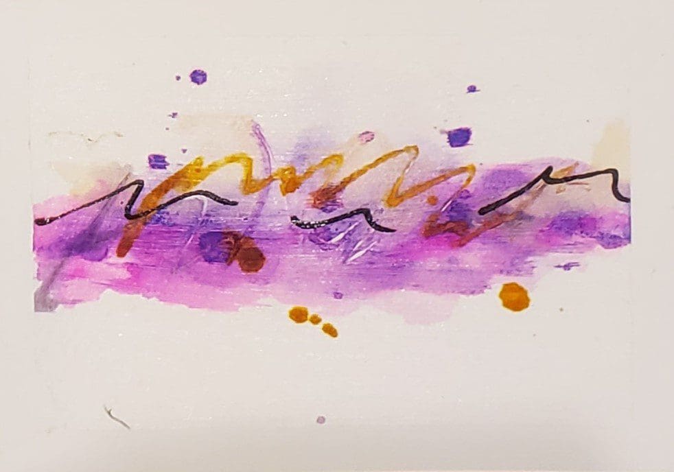 A purple and orange abstract painting with some writing