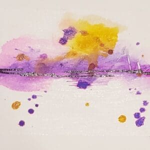 A purple and yellow painting with water