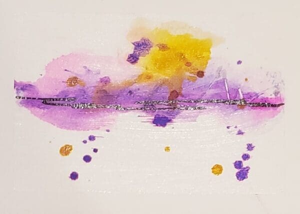 A purple and yellow painting with water