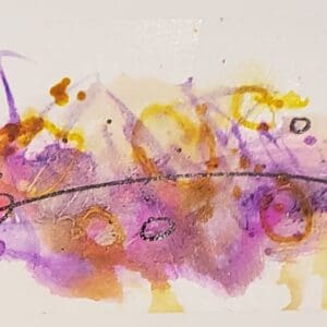 A painting of purple and yellow paint with black lines.