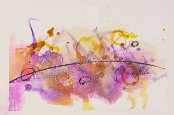 A painting of purple and yellow paint with black lines.