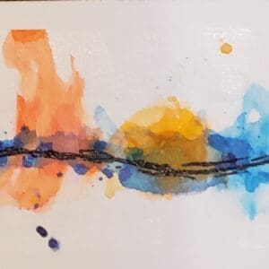 A painting of orange and blue paint on paper.