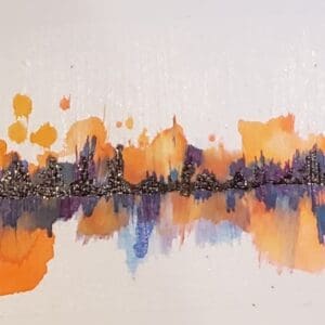 A painting of the city skyline with orange and blue colors.
