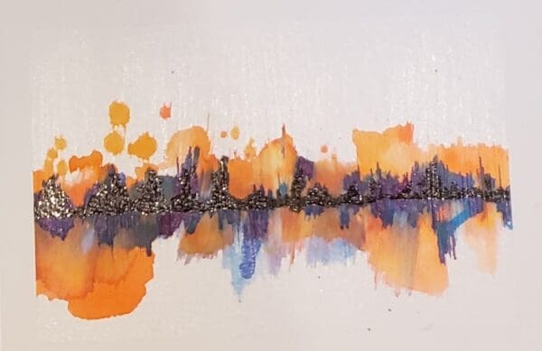 A painting of the city skyline with orange and blue colors.