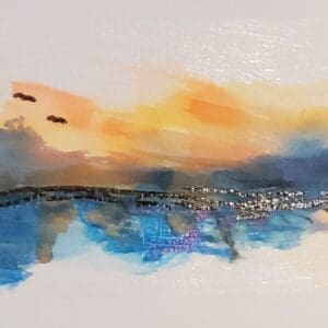 A painting of the sky and water