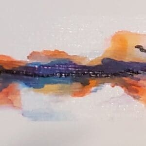 A painting of an orange and blue sky with a bird flying above.