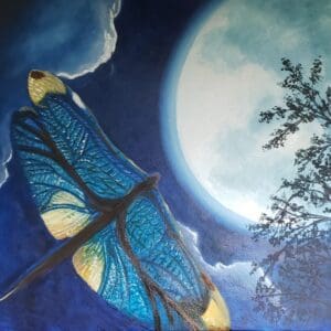 A painting of a blue and yellow dragonfly flying in front of the moon.
