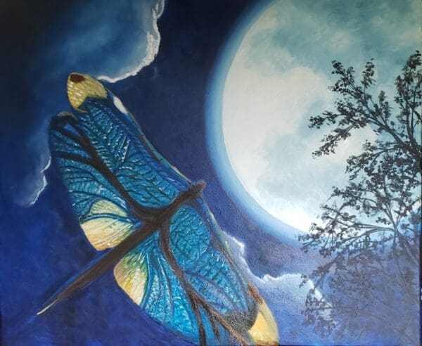 A painting of a blue and yellow dragonfly flying in front of the moon.