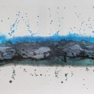 A painting of blue and black paint on the side of a wall.