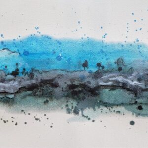 A painting of blue and black water with white background