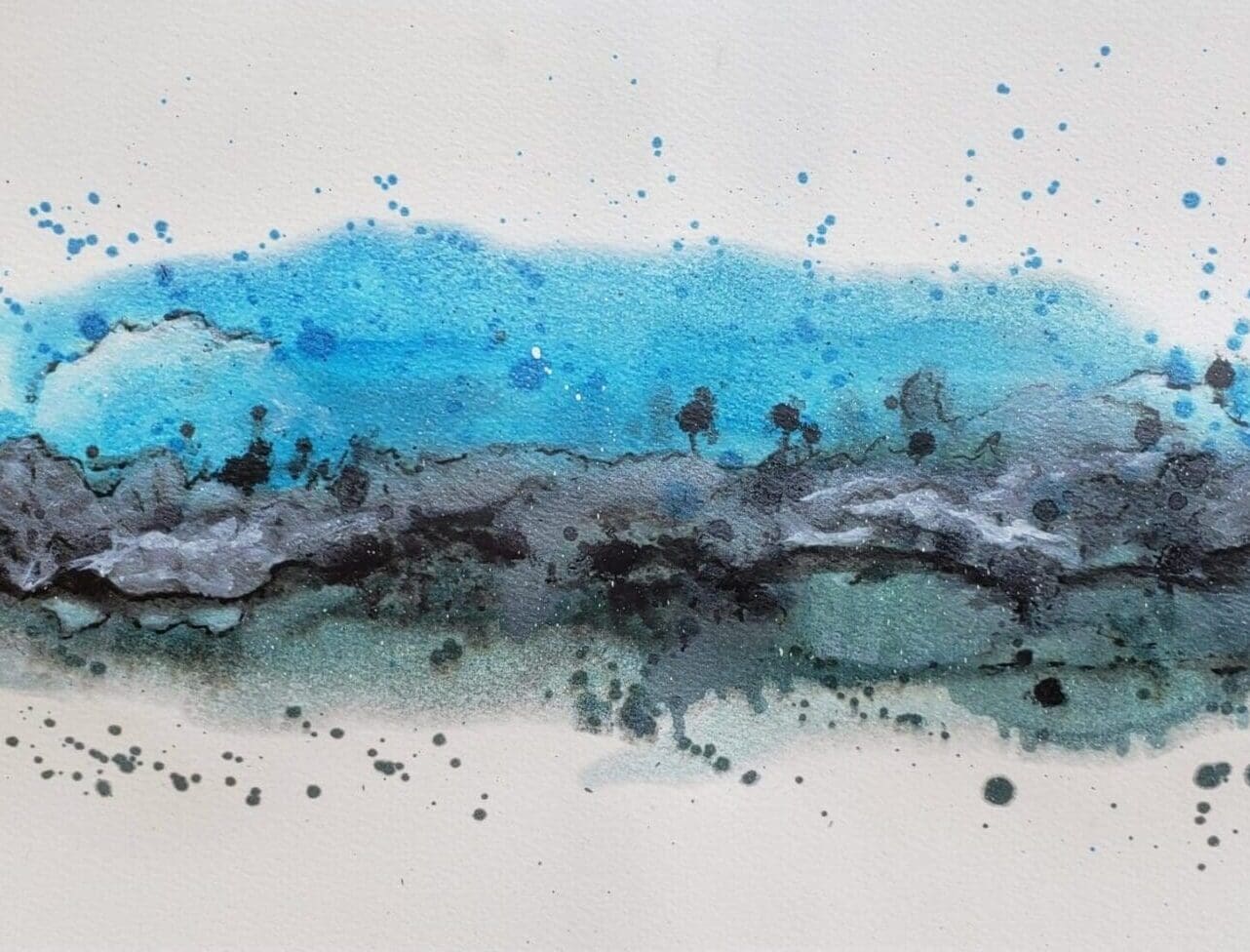 A painting of blue and black water with white background