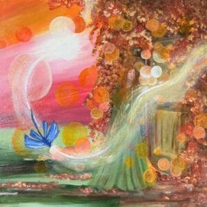 A painting of trees and flowers in the background.