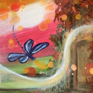 A painting of a blue dragonfly flying over the grass.