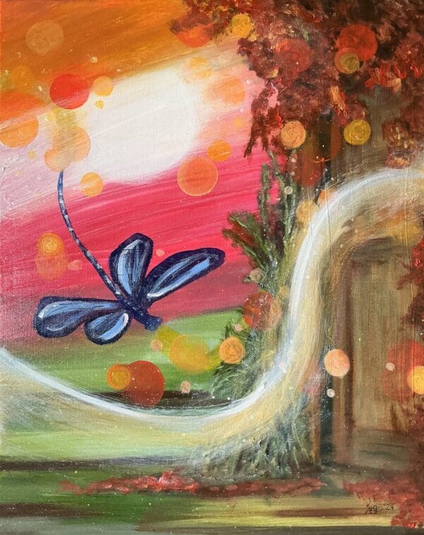 A painting of a blue dragonfly flying over the grass.