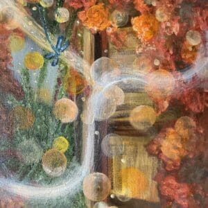 A painting of leaves and trees with a dragonfly.