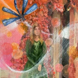 A painting of a woman in green and blue