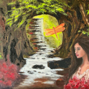 A painting of a woman in front of a waterfall.