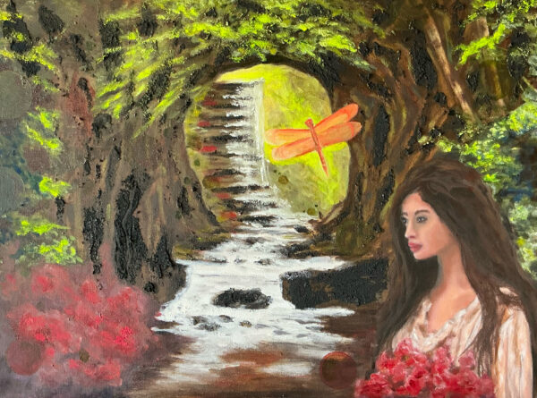 A painting of a woman in front of a waterfall.