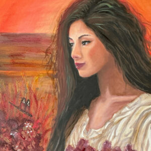 A painting of a woman with long hair