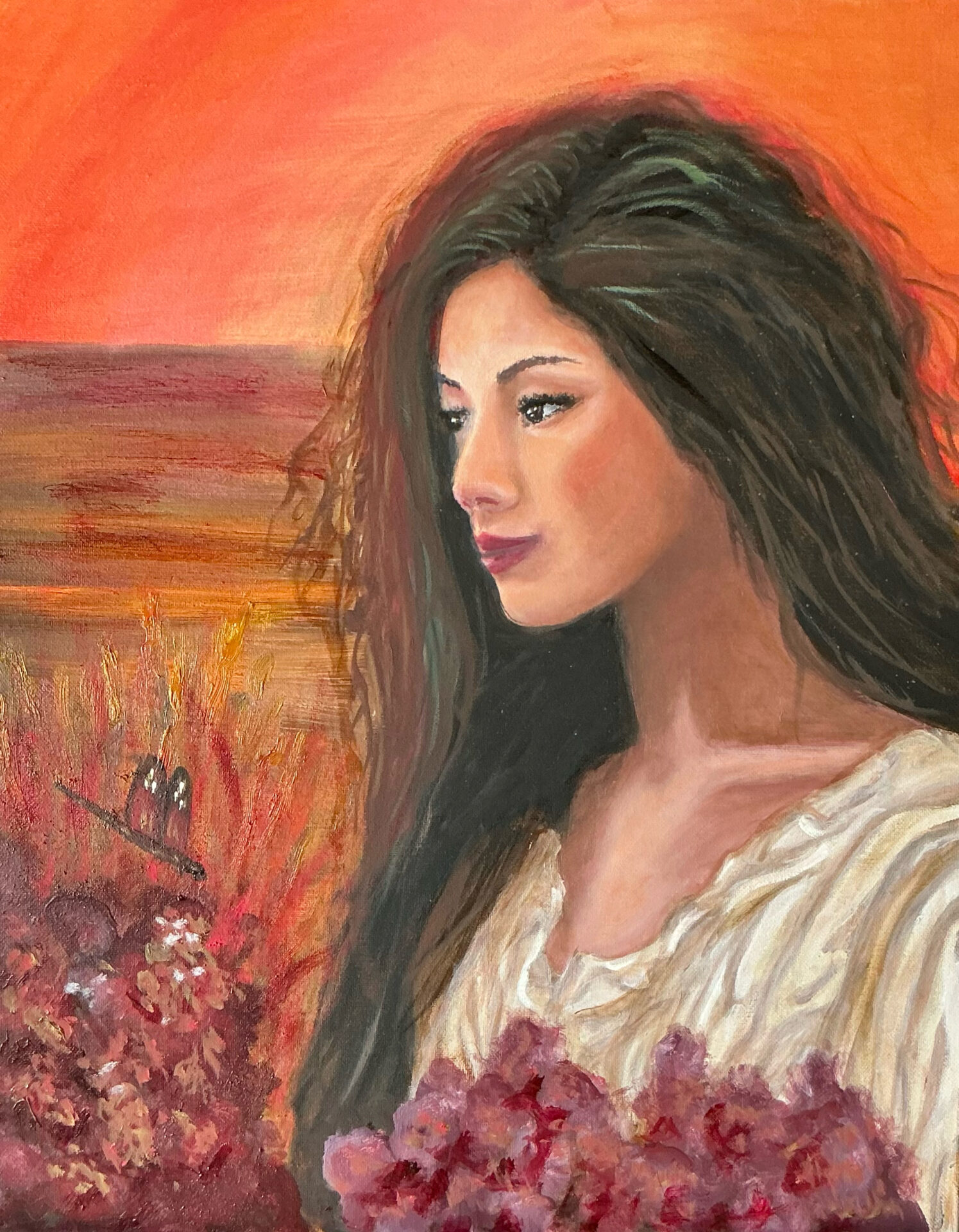 A painting of a woman with long hair