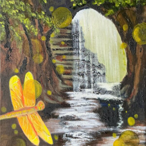 A painting of a waterfall and a tree with a yellow dragonfly.