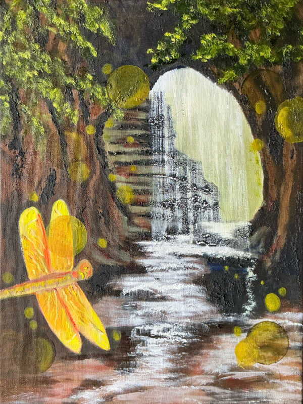 A painting of a waterfall and a tree with a yellow dragonfly.