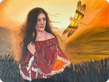 A painting of a woman in red dress with dragonfly.