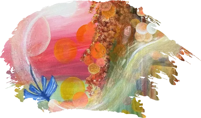 A painting of a colorful scene with flowers and bubbles.