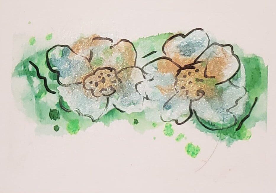 A painting of two flowers with green leaves.