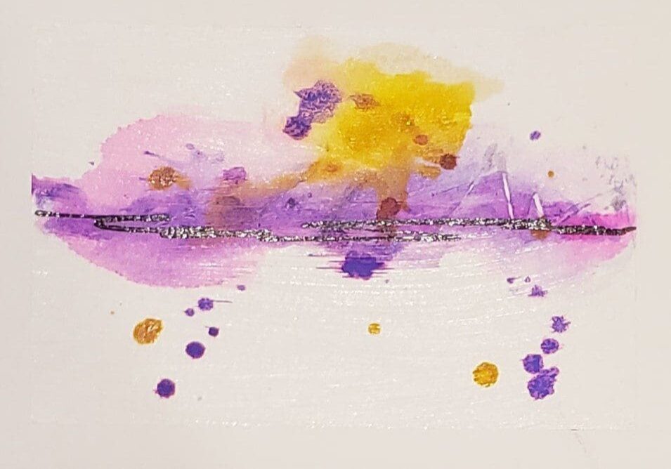 A purple and yellow painting with water