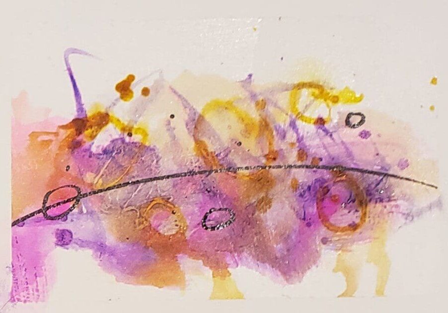 A painting of purple and yellow paint with black lines.