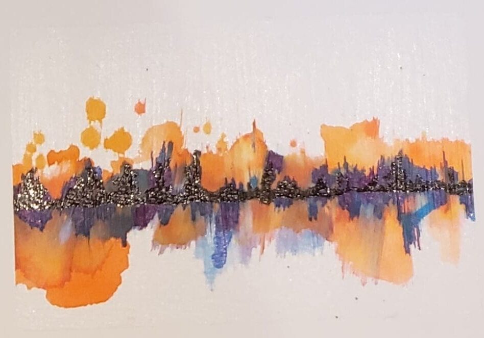 A painting of the city skyline with orange and blue colors.