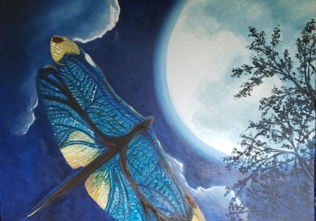 A painting of a blue and yellow dragonfly flying in front of the moon.