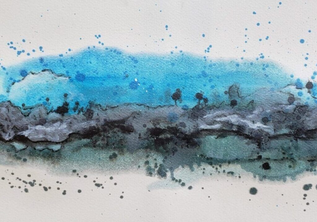 A painting of blue and black water with white background