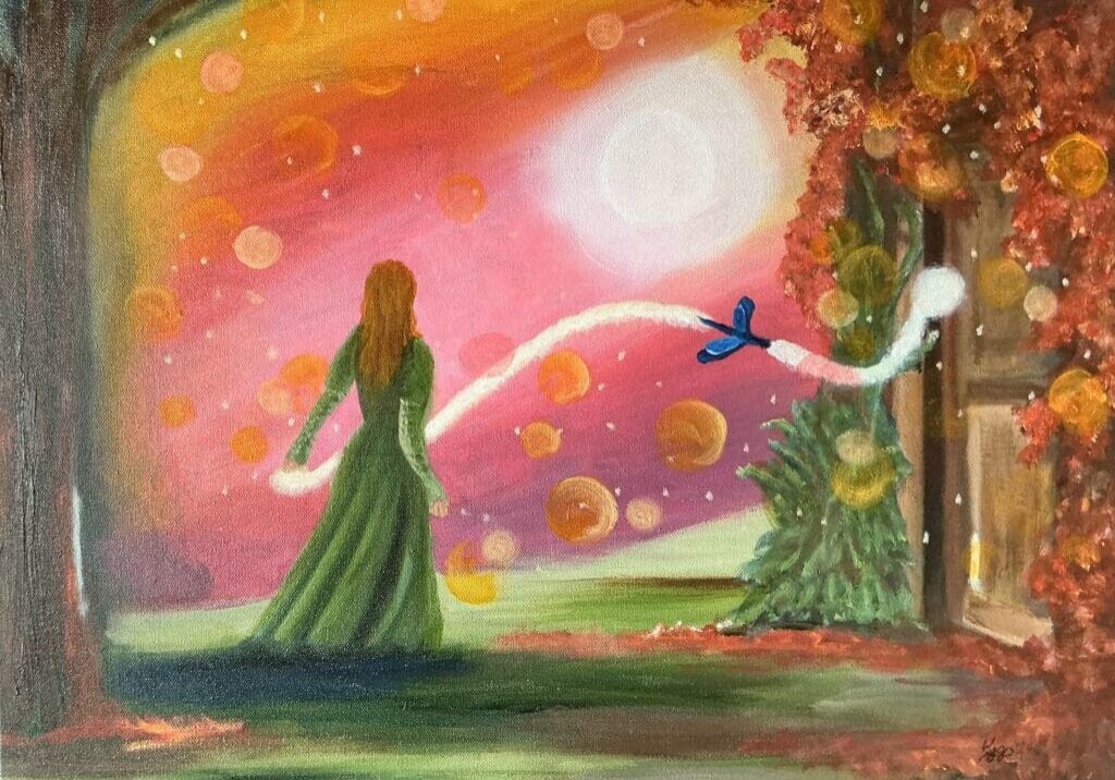 A painting of a woman in green dress flying a kite.