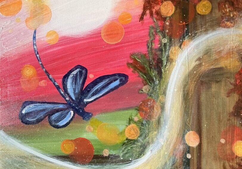 A painting of a blue dragonfly flying over the grass.