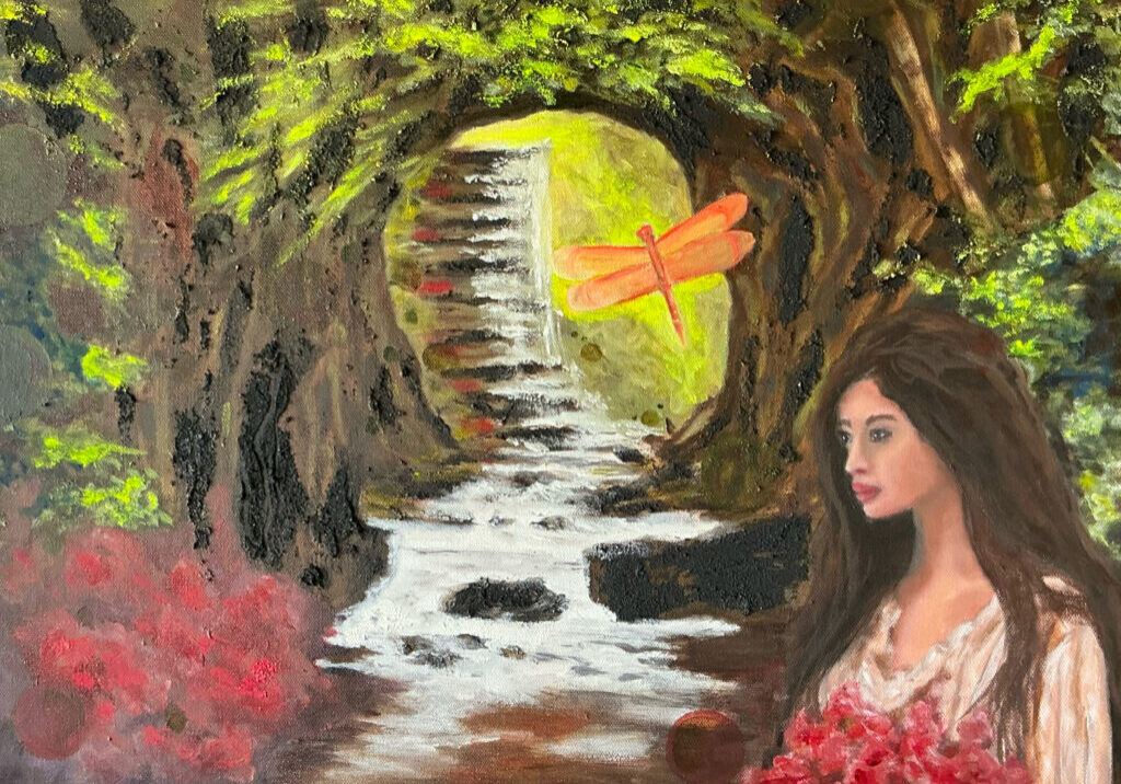 A painting of a woman in front of a waterfall.