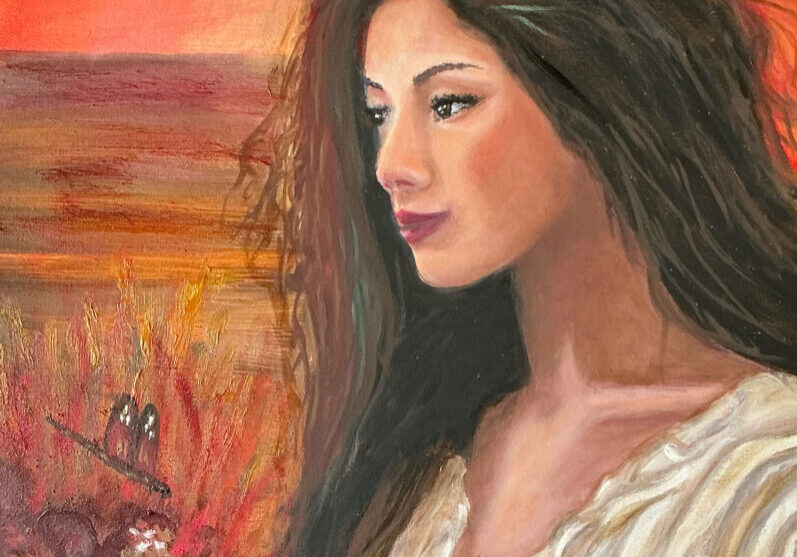 A painting of a woman with long hair