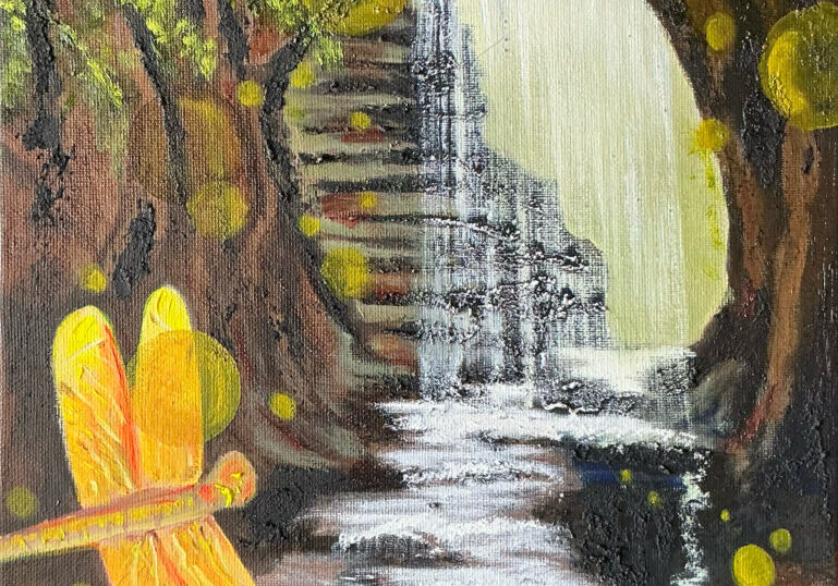 A painting of a waterfall and a tree with a yellow dragonfly.